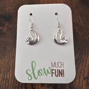 New Handmade Silver-Tone "Slow Much Fun!" Sloth Earrings (1.4" long x 0.6" wide)